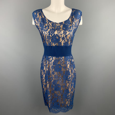 ROSANNA MANZONI Size 10 Blue Silk Lace Shift Cocktail Dress