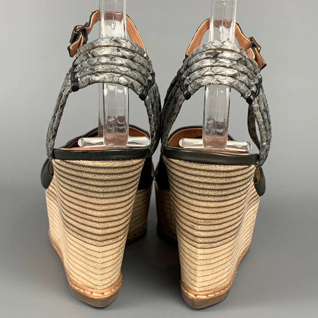 DEREK LAM Size 6 Black & Tan Leather Wood Wedge Sandals