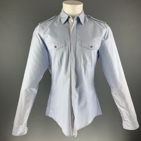 GUCCI Size S Light Blue Solid Cotton Patch Pockets Long Sleeve Shirt