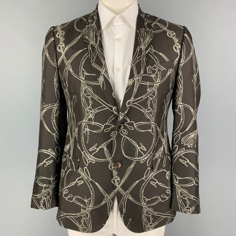GUCCI Size 44 Brown Green Print Silk Notch Lapel Sport Coat