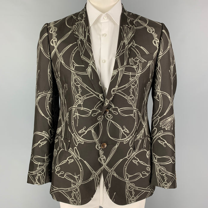GUCCI Size 44 Brown Green Print Silk Notch Lapel Sport Coat