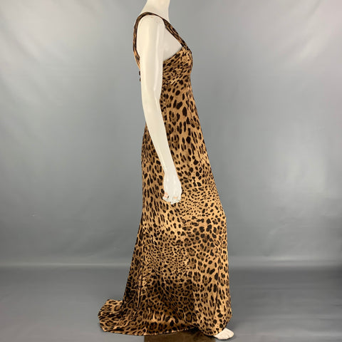 DOLCE &amp; GABBANA Vestido largo columna de satén con estampado animal marrón y beige talla 10