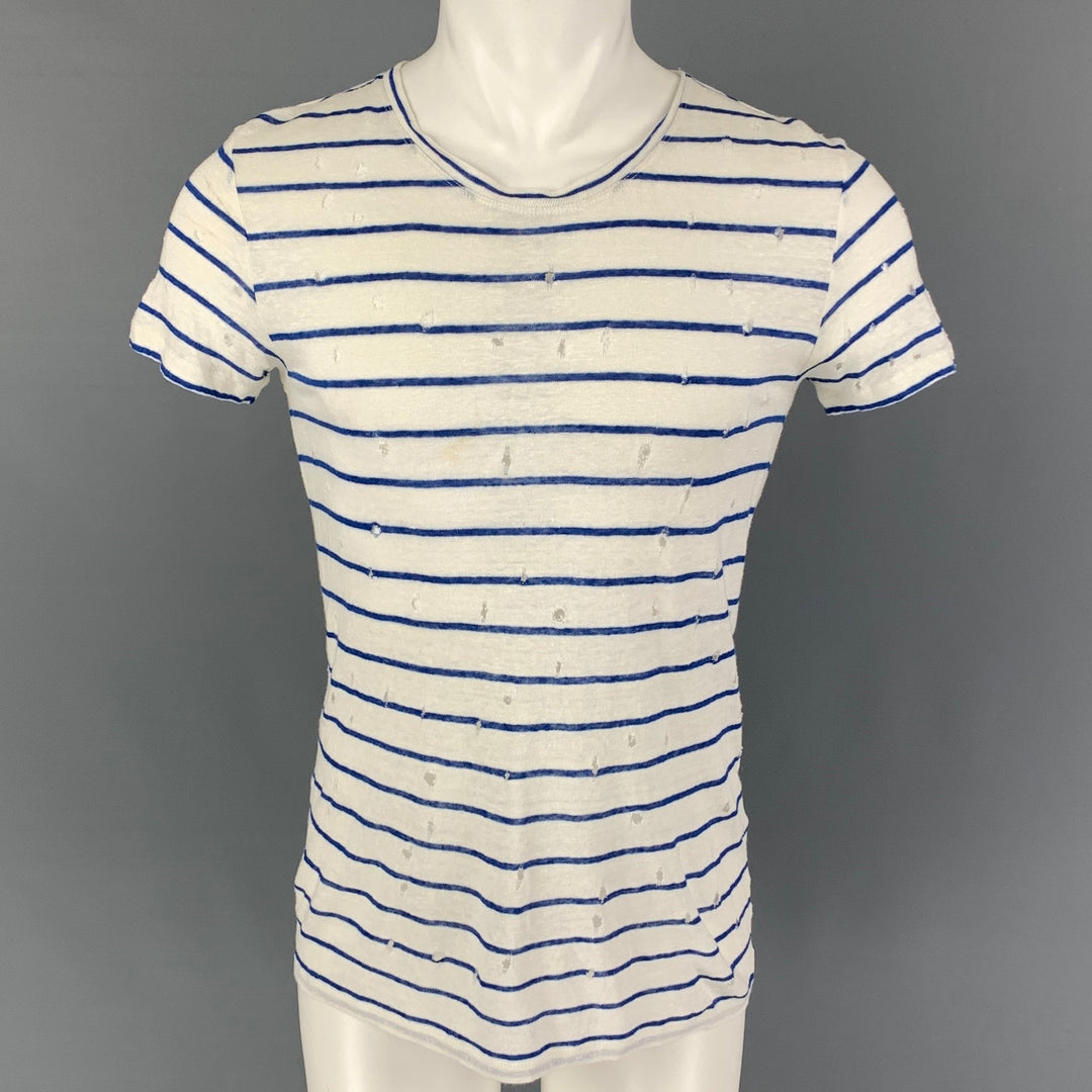 IRO Size XS White Blue Stripe Linen Crew-Neck Mina T-shirt