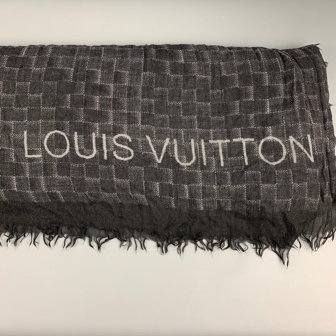 LOUIS VUITTON Black Grey Checkered Cashmere Silk Scarves