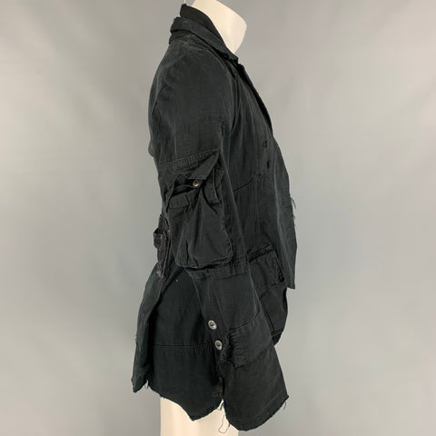 GREG LAUREN Size 36 Black Distressed Open Front Jungle Shirt Jacket