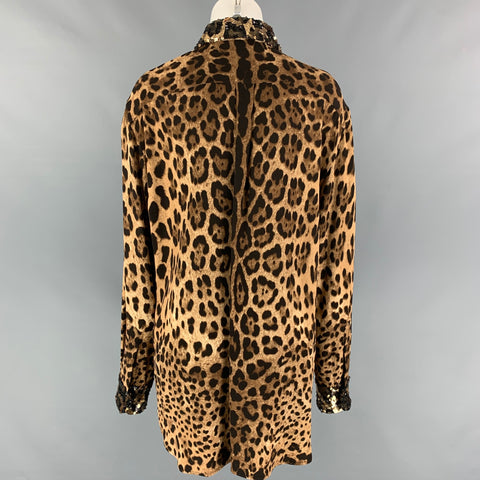 DOLCE & GABBANA Size L Tan Brown Viscose Blend Animal Print Hidden Placket Shirt