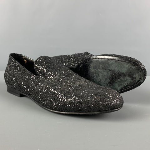 JIMMY CHOO Size 8 Black Glitter Leather Loafers