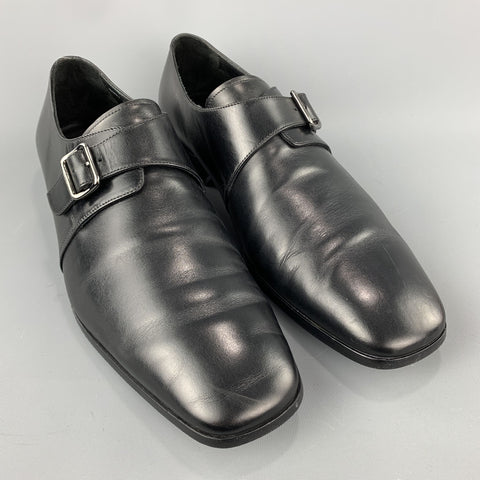 SALVATORE FERRAGAMO Size 11.5 Solid Black Leather Monk Strap Loafers