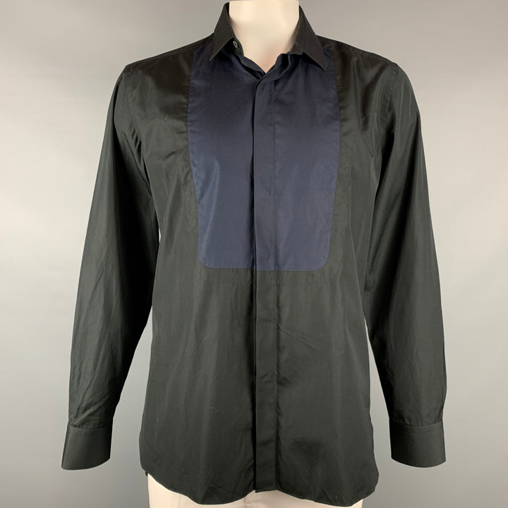 LANVIN Size L Black & Navy Cotton Hidden Buttons Long Sleeve Shirt