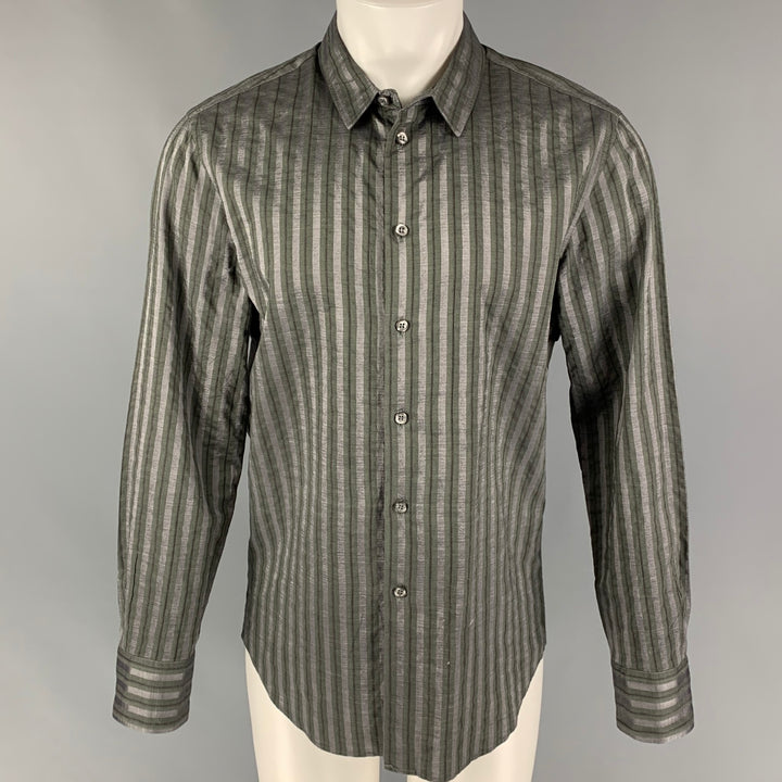 EMPORIO ARMANI Size L Grey Olive Stripe Cotton Viscose Long Sleeve Shirt