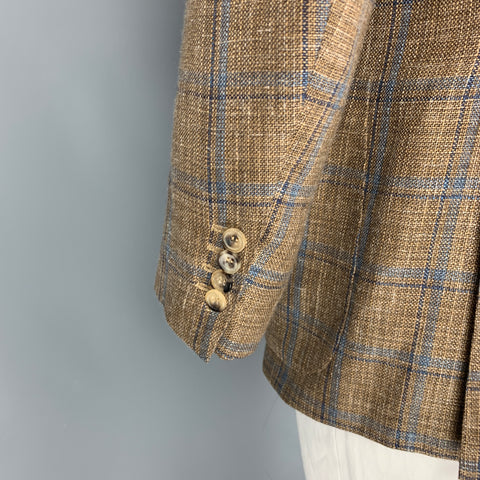 KITON Size 46 Tan Light Blue Plaid Cashmere Blend Sport Coat