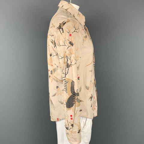 JUST CAVALLI Size L Beige & Gold Print Polyethylene Button Up Long Sleeve Shirt