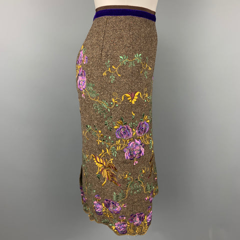 ETRO Taille 10 Jupe trapèze en laine brodée en tweed marron