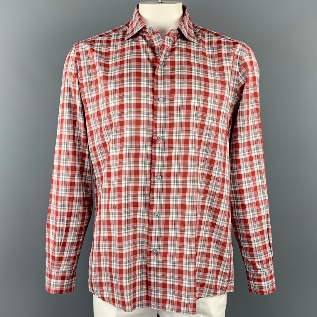 ERMENEGILDO ZEGNA Size XL Red & White Plaid Cotton Long Sleeve Shirt