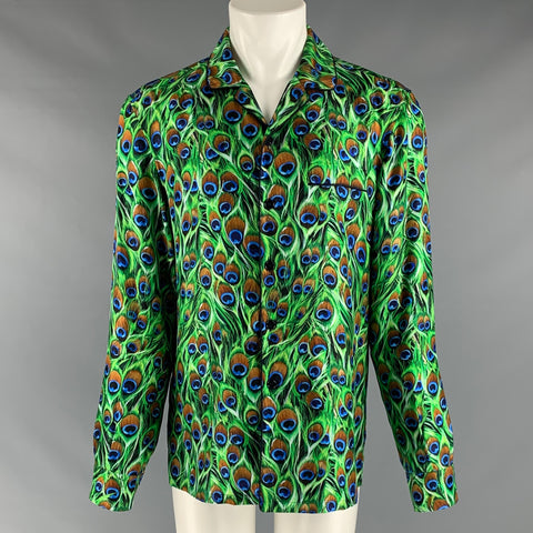 DOLCE & GABBANA Size M Green Multi-Color Silk Long Sleeve Shirt