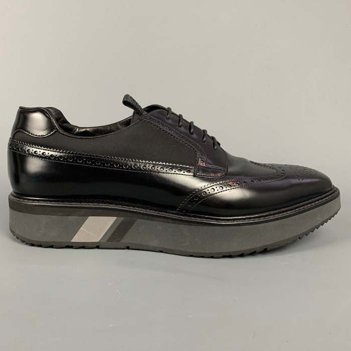 PRADA Size 11 Black Perforated Leather Platform Lace Up Shoes