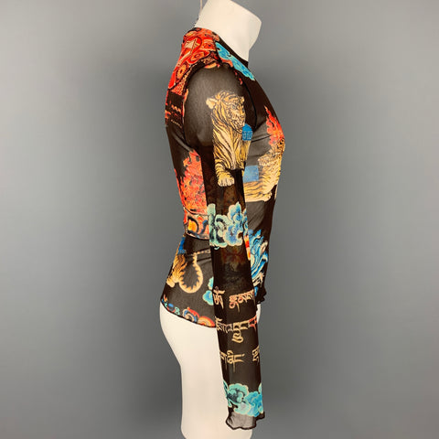 JUST CAVALLI Size M Brown & Orange Print Polyamide Mesh Crew-Neck Pullover