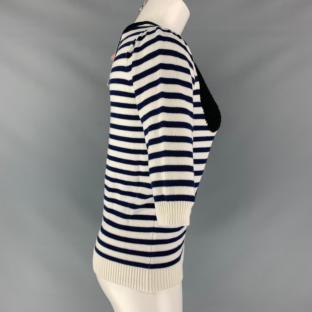 MANOUSH Size XS White &  Navy Cotton Blend Striped Bow Short Sleeve Pullover