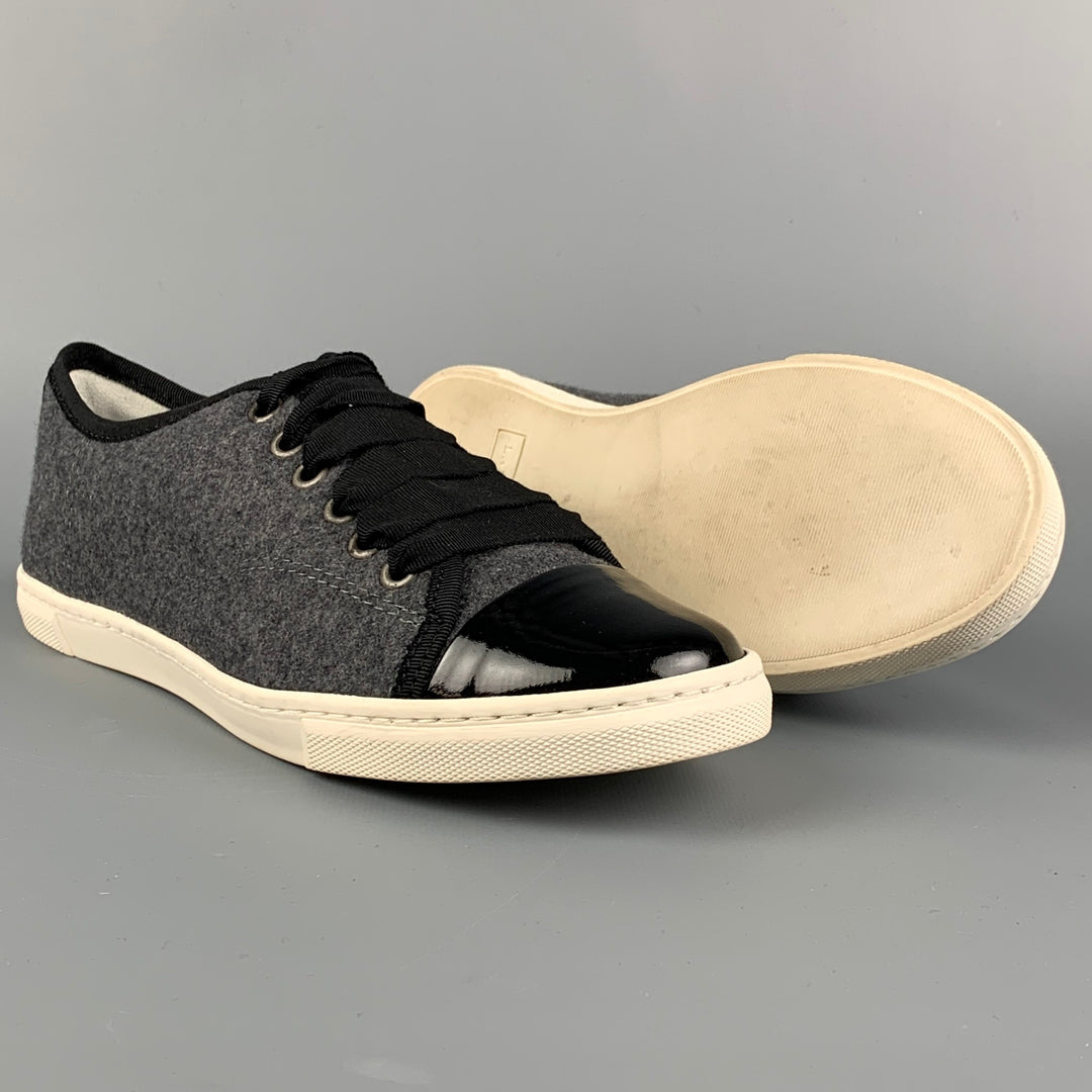 LANVIN Talla 7.5 Zapatillas con cordones y ribete de cuero de lana gris y negro