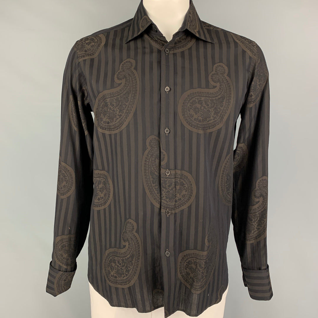 TED BAKER Size L Brown Black Stripe Cotton French Cuff Long Sleeve Shi Sui Generis Designer Consignment TED BAKER Size L Brown Black Stripe Cotton French Cuff Long Sleeve Shi Sui Generis Designer Consignment