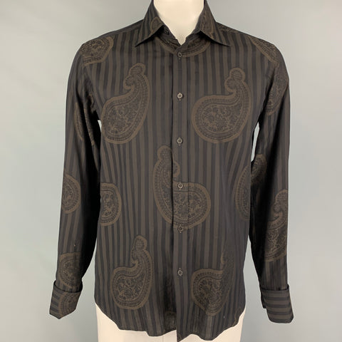 TED BAKER Talla L Camisa de manga larga con puño francés de algodón a rayas negras y marrones