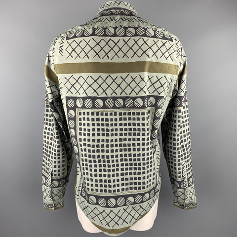 BURBERRY PRORSUM Spring 2013 Size XL Olive Print Cotton Button Up Long Sleeve Shirt