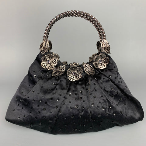 BADGLEY MISCHKA Black & Silver Beaded Satin Evening Handbag