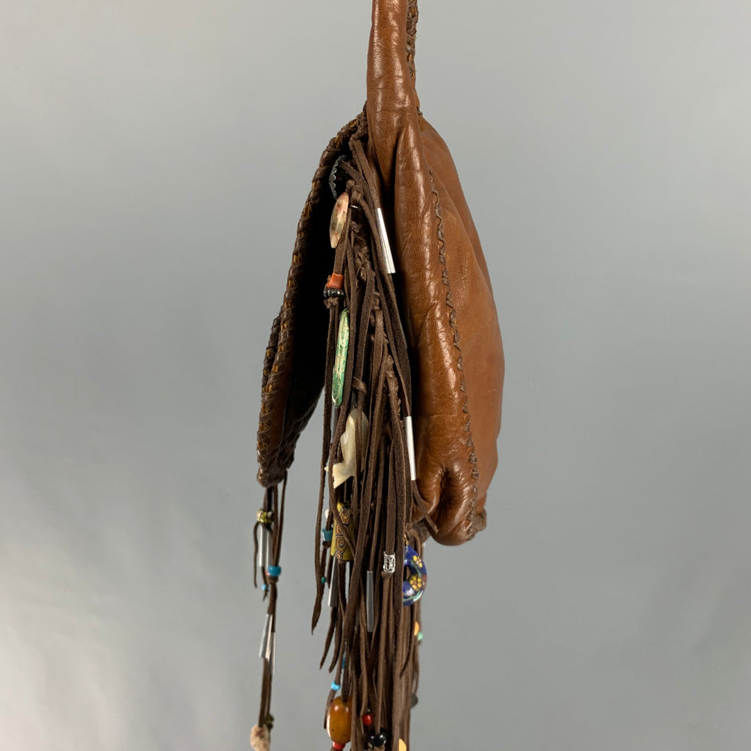 VINTAGE Brown Beaded Leather Turquoise Cross Body Handbag