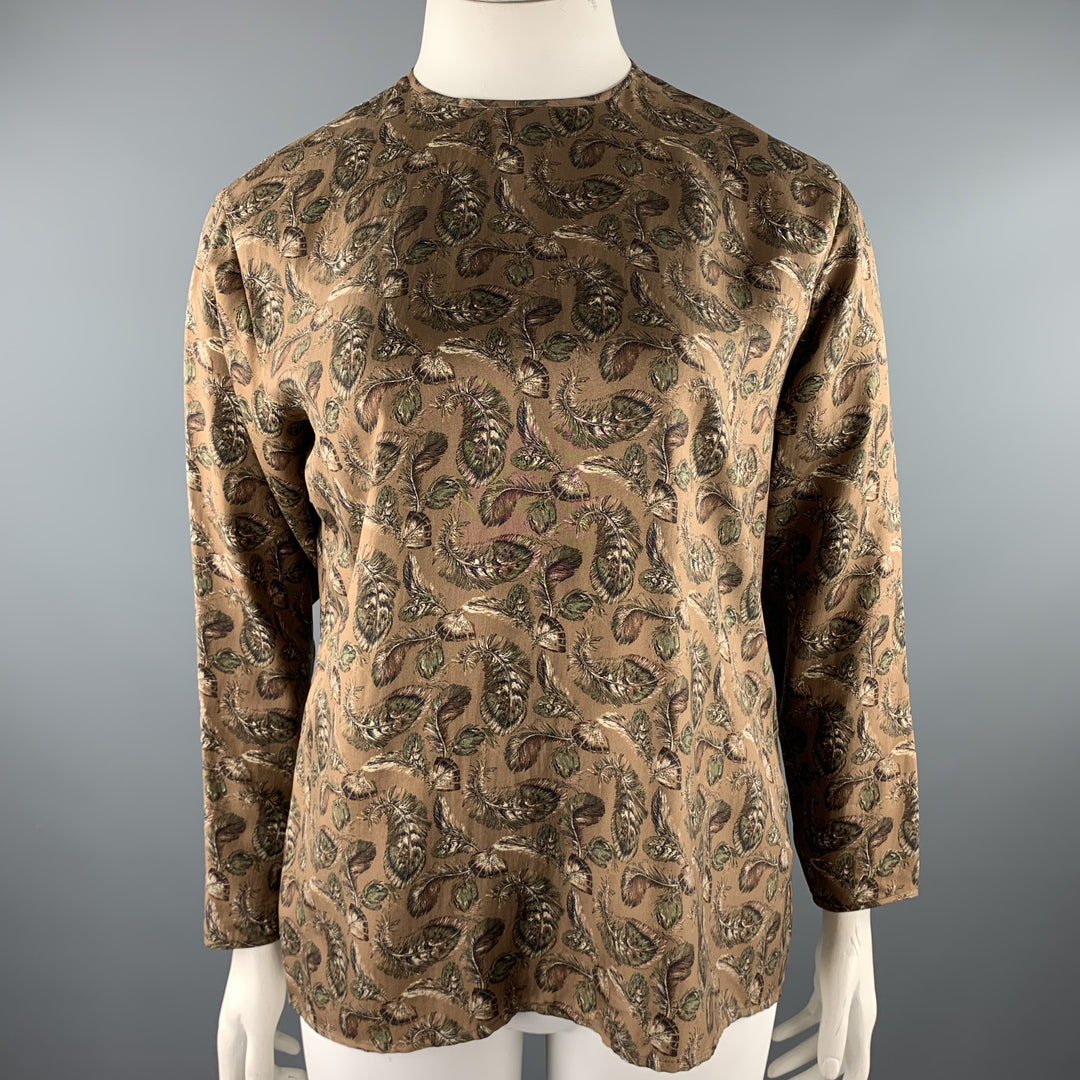 JOSEPH ABBOUD Size 12 Brown Feather Print Silk Blouse