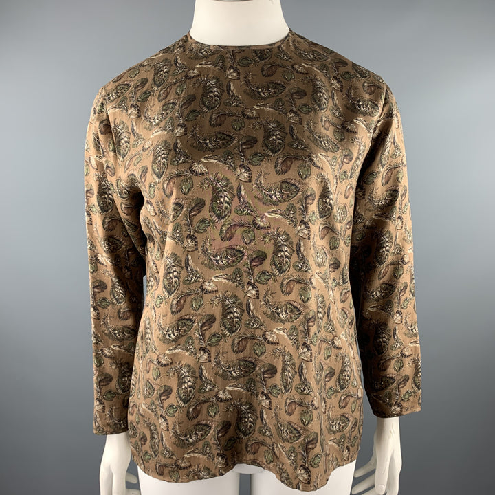 JOSEPH ABBOUD Size 12 Brown Feather Print Silk Blouse