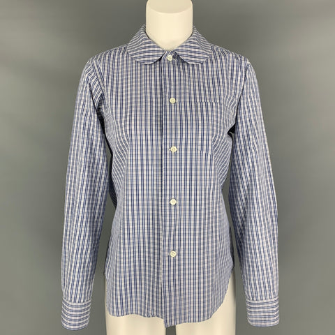 COMME des GARCONS Size L Blue White Cotton Checkered Peter Pan Collar Casual Top