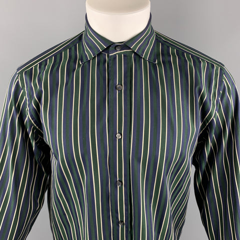 ETRO Size S Navy & Green Stripe Cotton Button Up Long Sleeve Shirt