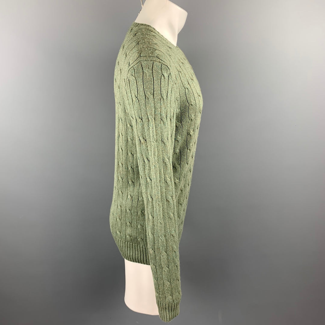RALPH LAUREN Size M Moss Green Cable Knit Silk / Cashmere Crew-Neck Sweater
