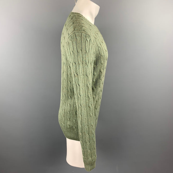 RALPH LAUREN Talla M Suéter con cuello redondo de seda y cachemira de punto trenzado verde musgo