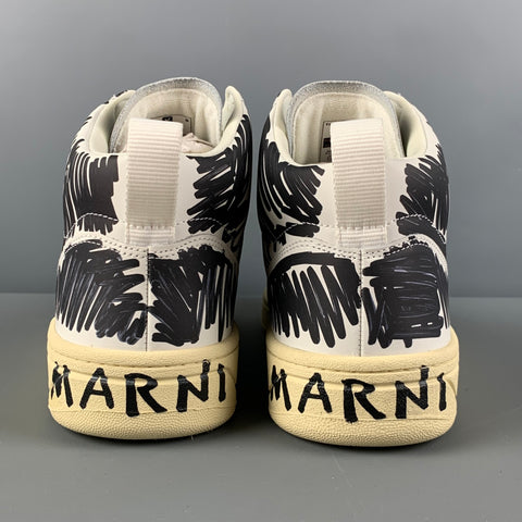 MARNI x VEJA Size 10.5 White Black Scribble Leather High Top Sneakers