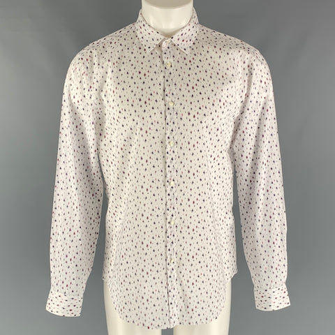 JOHN VARVATOS Taille M Chemise à manches longues boutonnée en coton blanc, marine et rouge