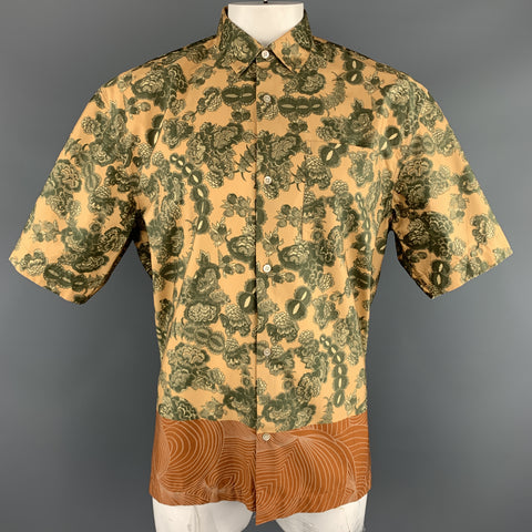 DRIES VAN NOTEN Taille XL Chemise à manches courtes en coton floral doré et vert avec ourlet en bronze
