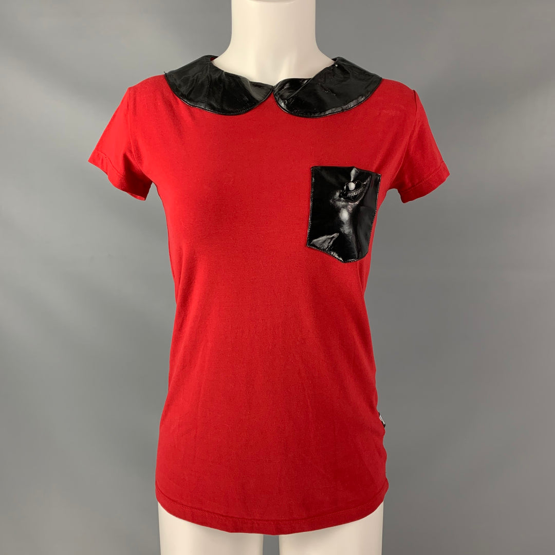 LOVE MOSCHINO Size 4 Red Black Cotton / Elastane Faux patent leather Blouse