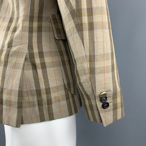MARIO MATTEO Size 36 Tan Plaid Cotton / Flax Peak Lapel Sport Coat