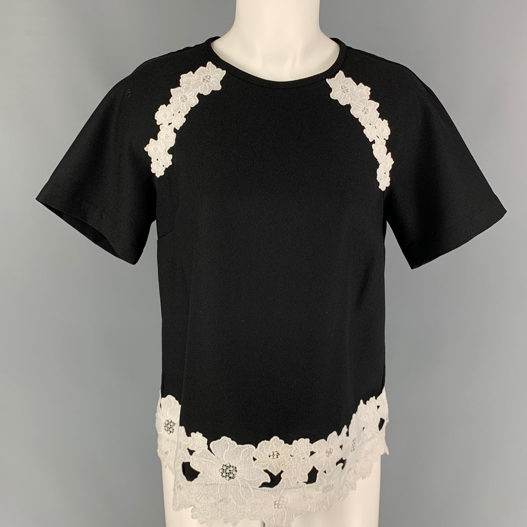 KATE SPADE Talla 4 Top de vestido de manga corta con apliques de flores de poliéster blanco y negro