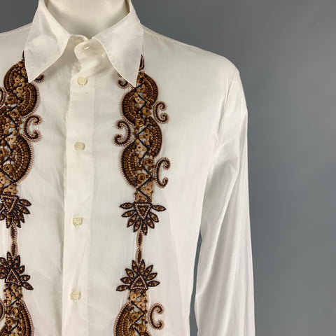 JUST CAVALLI Size XL White Brown Beaded Cotton Button Up Long Sleeve Shirt