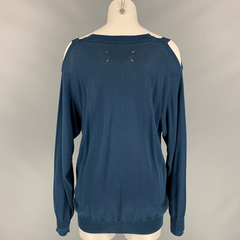 MAISON MARGIELA Size M Navy Jersey Off-Shoulder Cardigan