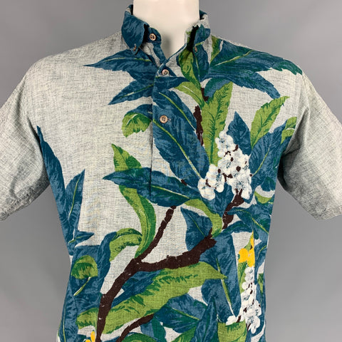 45rpm Size L Light Grey & Blue Floral Print Cotton Pop-Over Short Sleeve Shirt
