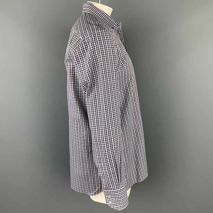 TOM FORD Size XL Navy & White Plaid Cotton Button Up Long Sleeve Shirt