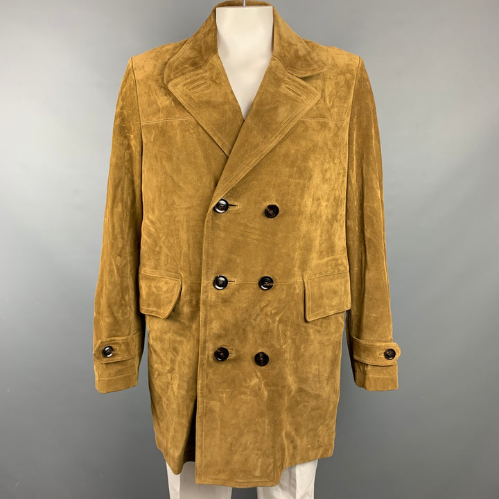 TOM FORD Size 48 Tan Textured Leather Double Breasted Coat