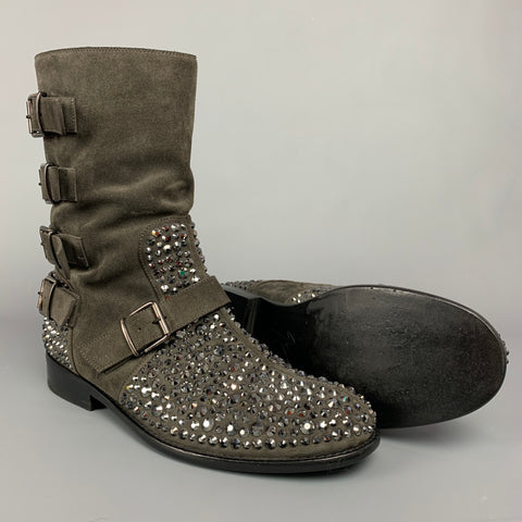 GIUSEPPE ZANOTTI Size 10 Grey Crystal Suede Multi Strap Biker Boots