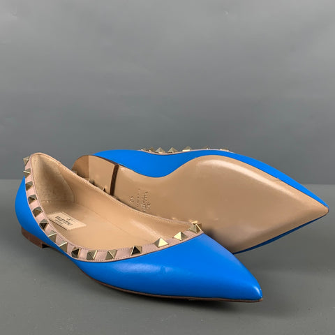 VALENTINO Size 10 Blue Nude Leather Contrast trim Flats