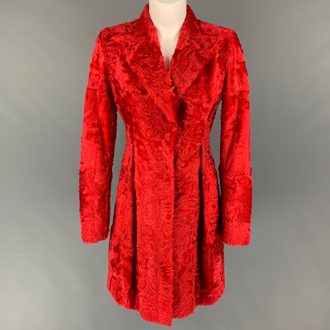 GIAMBATTISTA VALLI Size 6 Red Textured Lamb Shearling Snaps Coat