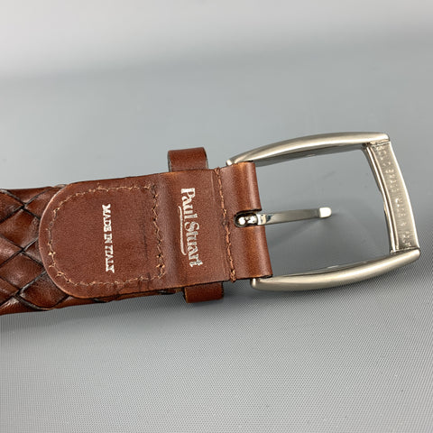 PAUL STUART Size 38 Woven Brown Leather Silver Tone Brass Buckle Belt