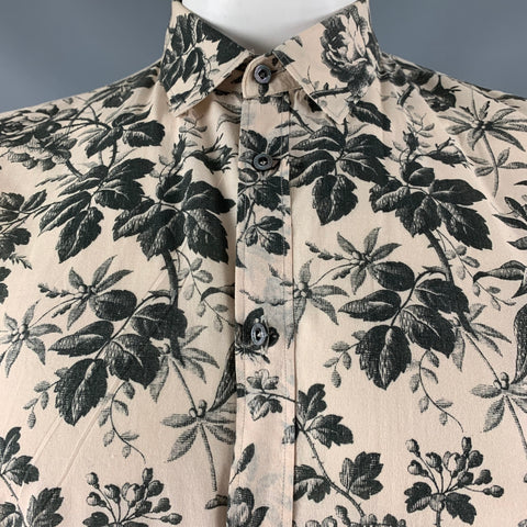 GUCCI Size L Cream Black Floral Short Sleeve Shirt